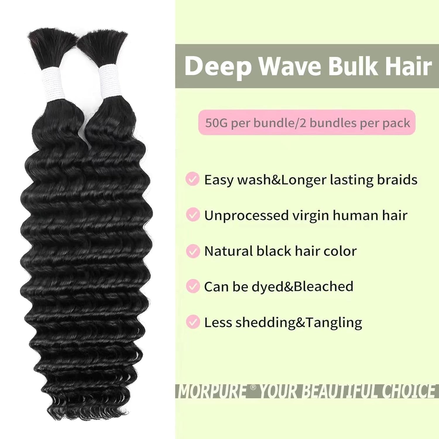 18 Inch Deep Wave Human Braiding Hair for Boho Braids  Wet and Wavy Unprocessed Virgin Natural Color 2 Bundles/Pack (Total 100G)
