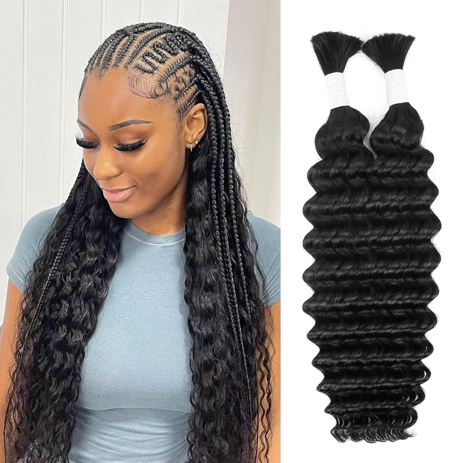 18 Inch Deep Wave Human Braiding Hair for Boho Braids  Wet and Wavy Unprocessed Virgin Natural Color 2 Bundles/Pack (Total 100G)